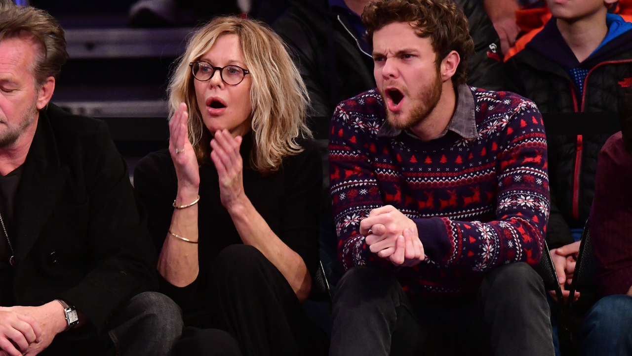 Meg Ryan and Jack Quaid attend the New York Knicks Vs Philadelphia 76ers game at Madison Square Garden on December 25, 2017 in New York City