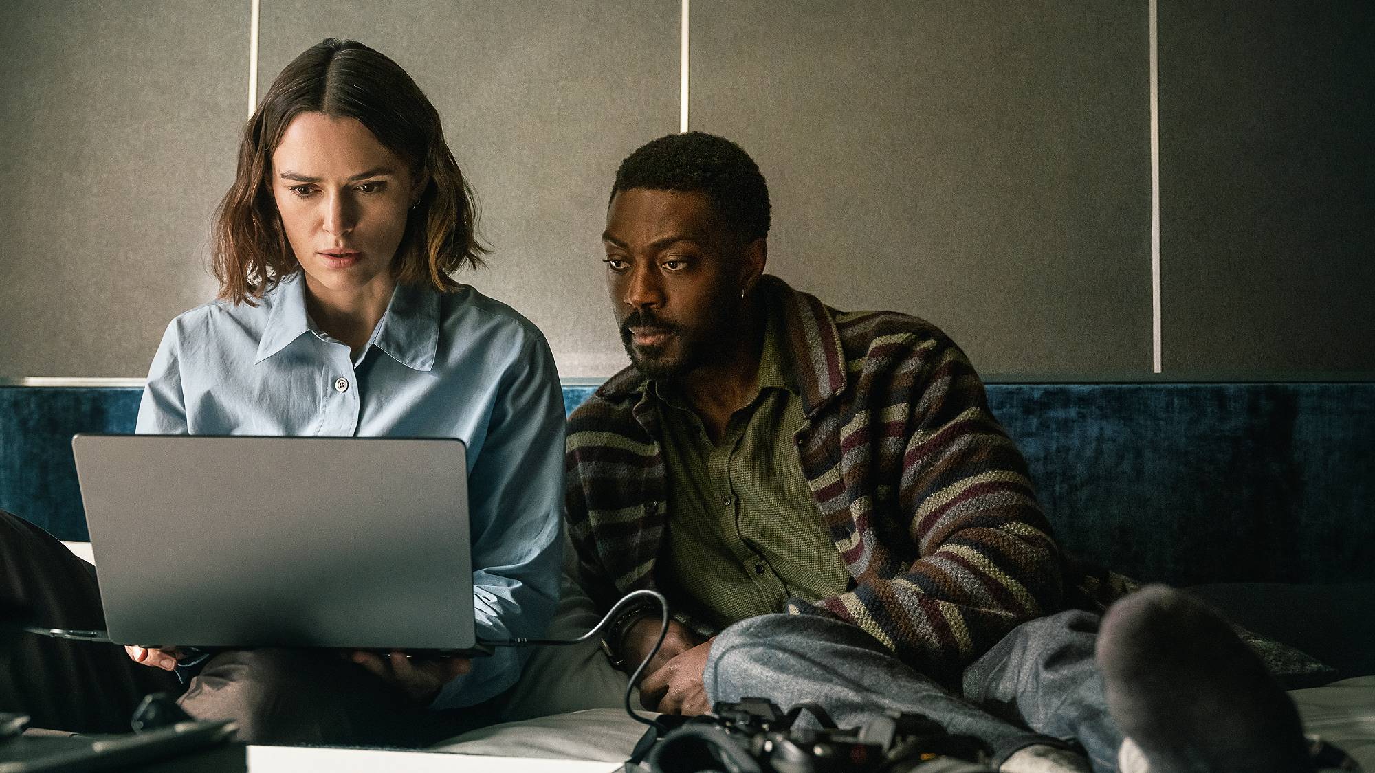 Keira Knightley as Lo and David Ajala as Adam in "The Woman in Cabin 10" on Netflix
