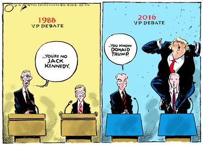 Political cartoon U.S. 2016 debate Pence Kaine Trump