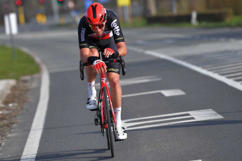 DE PANNE BELGIUM MARCH 24 Brent Van Moer of Belgium and Team Lotto Soudal during the 45th Oxyclean Brugge De Panne 2021 Men Classic a 2039km race from Brugge to De Panne Breakaway OxycleanClassic on March 24 2021 in De Panne Belgium Photo by Luc ClaessenGetty Images