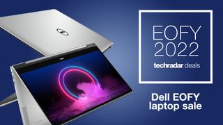 Two Dell laptops on blue background, beside text that reads 'EOFY 2022'