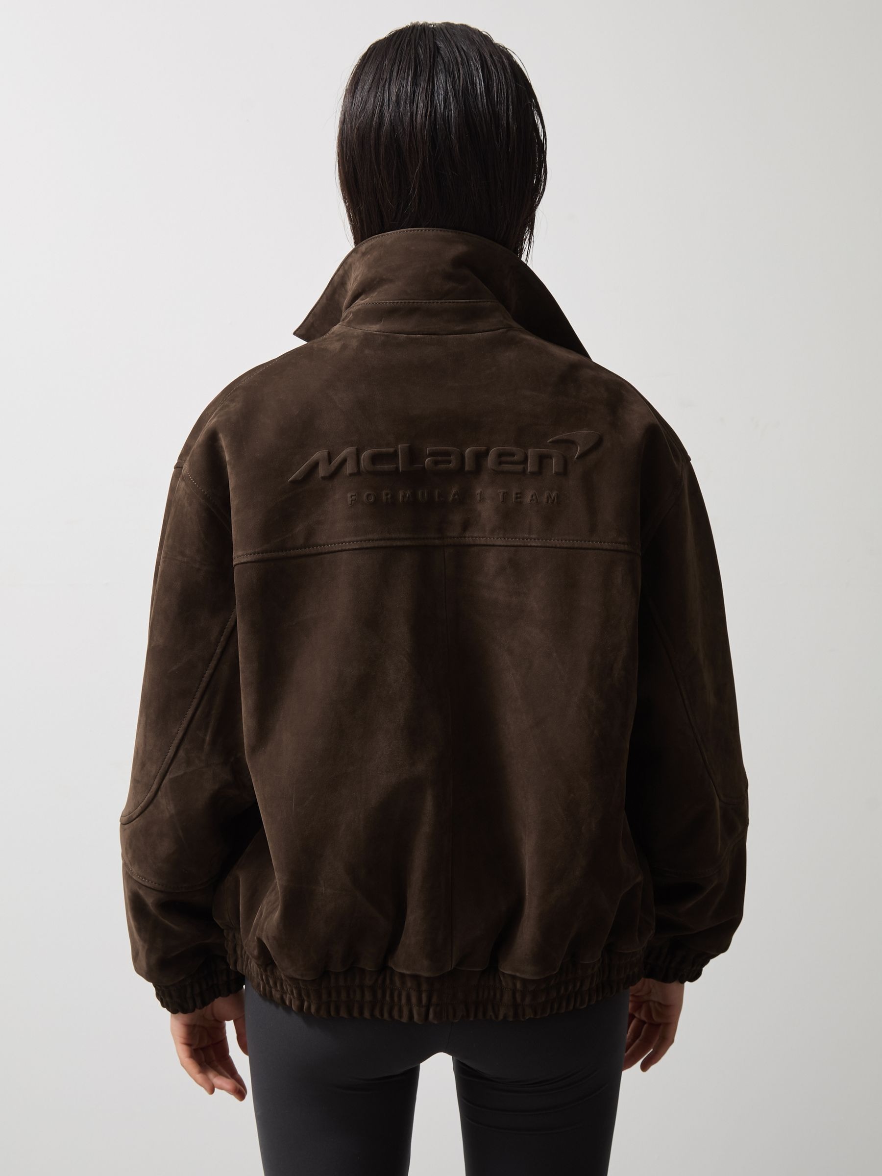 Mclaren F1 Team Suede Bomber Jacket in Chocolate Brown