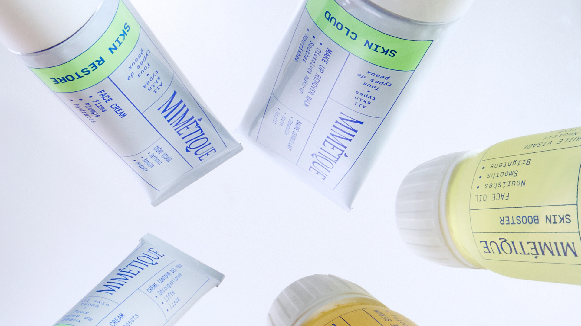 A bottom-up view of five Mimétique skincare products