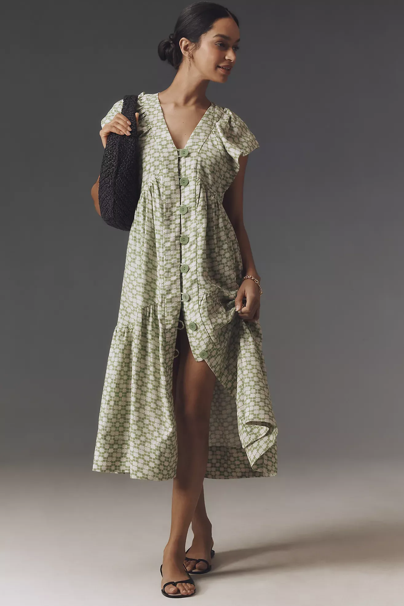 The Reneé Flutter-Sleeve Linen Button-Front Midi Dress
