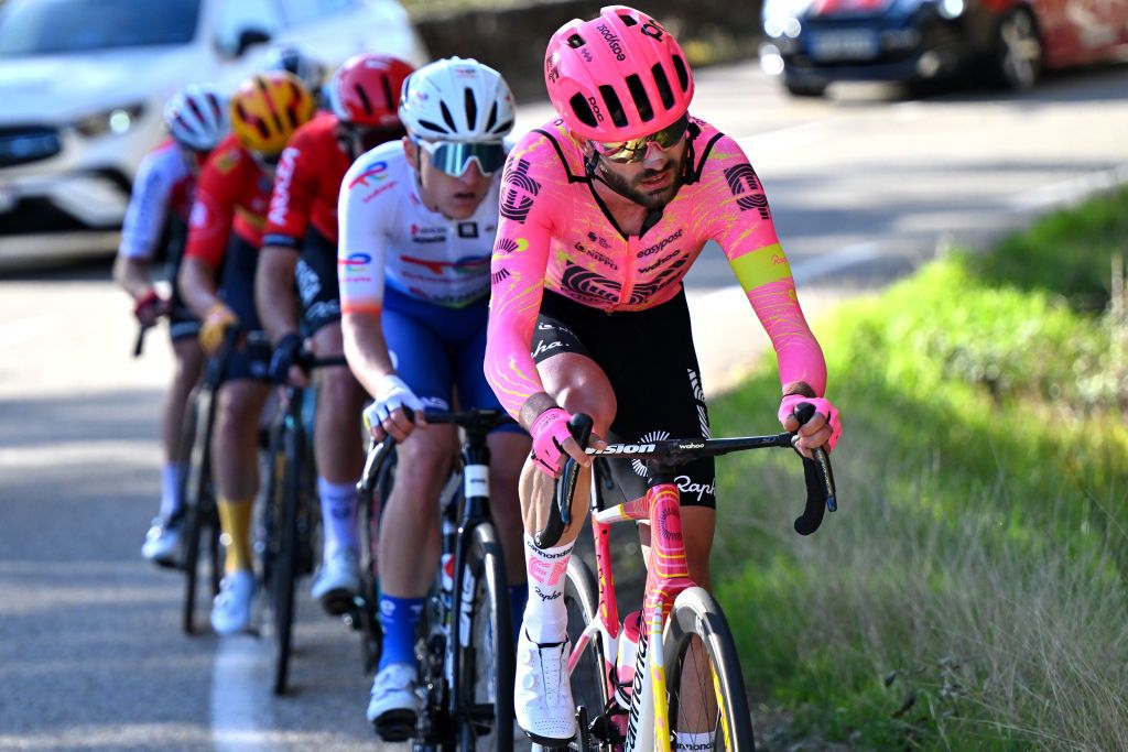 BESSEGES FRANCE FEBRUARY 02 Simon Carr of The United Kingdom and Team EF Education EasyPost competes in the breakaway during the 54th Etoile de Besseges Tour du Gard Stage 3 a 16111km stage from Besseges to Besseges on February 02 2024 in Besseges France Photo by Luc ClaessenGetty Images