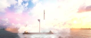 A giant SpaceX rocket launches from a floating platform near New York City carrying passengers bound for Shanghai in this still from a video animation depicting the potential for point-to-point travel on Earth with the massive spaceship.