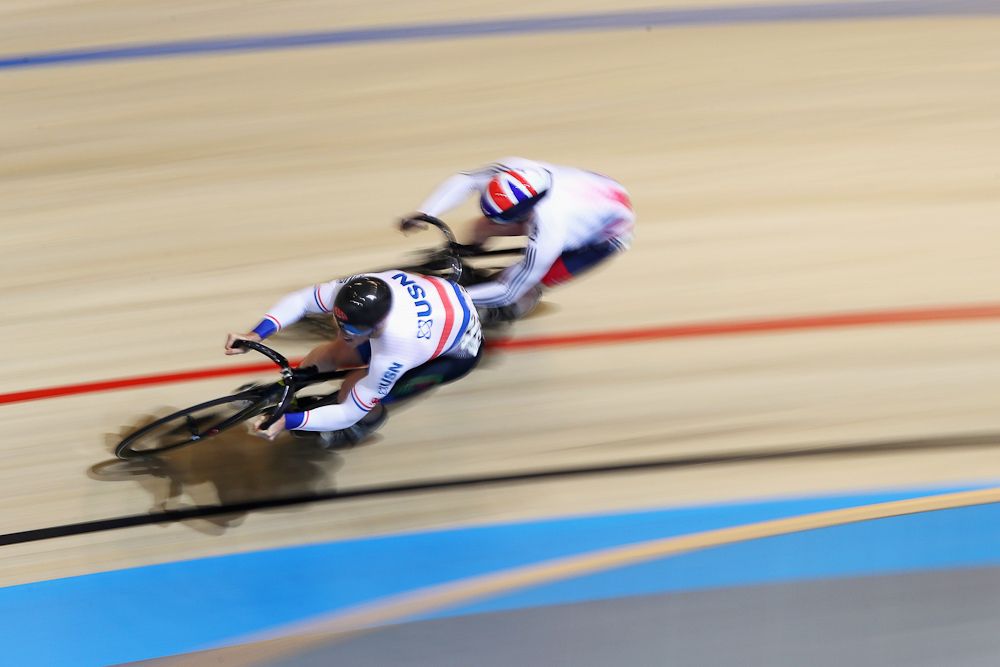 Lewis Oliva (R) and Jack Carlin, both of Great Britain compete in the Men's Sprint 1/8 Finals