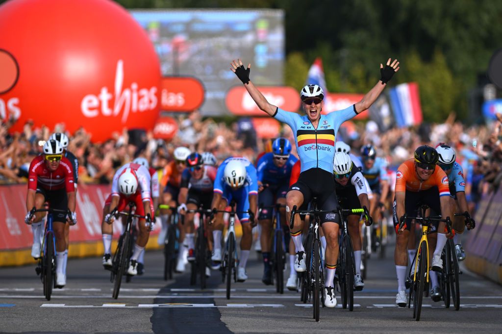 HASSELT BELGIUM SEPTEMBER 15 Gold medalist Tim Merlier of Team Belgium celebrates winning during the 30th UEC Road Cycling European Championships 2024 Mens Elite Road Race a 2228km one day race from HeusdenZolder to Hasselt on September 15 2024 in Hasselt Belgium Photo by Luc ClaessenGetty Images