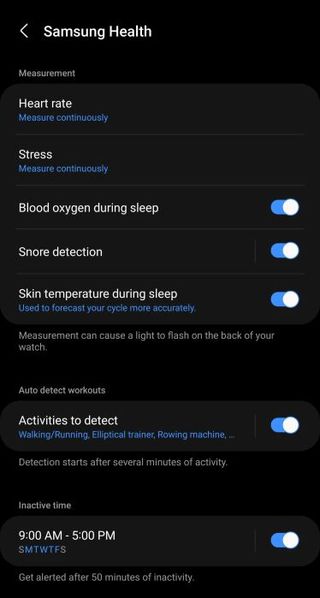 Samsung Health's latest beta version showing a toggle for skin temperature measurement