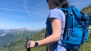 Close up of woman hiker admiring the view