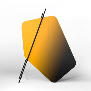 A cabinet with a yellow gradient front and two side legs in black