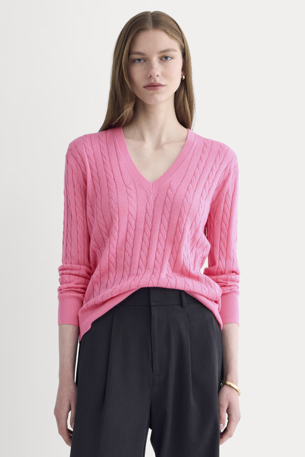 Everlane Cotton Cable-Knit V-Neck Sweater