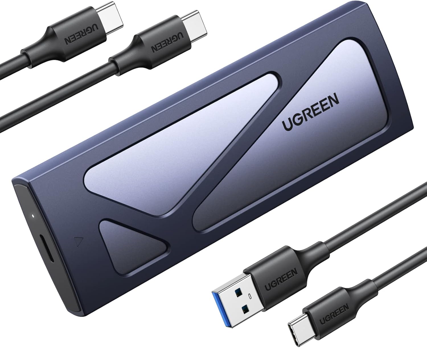 The UGREEN SSD enclosure pictured with one USB-C cable and one USB-C to USB-A cable.
