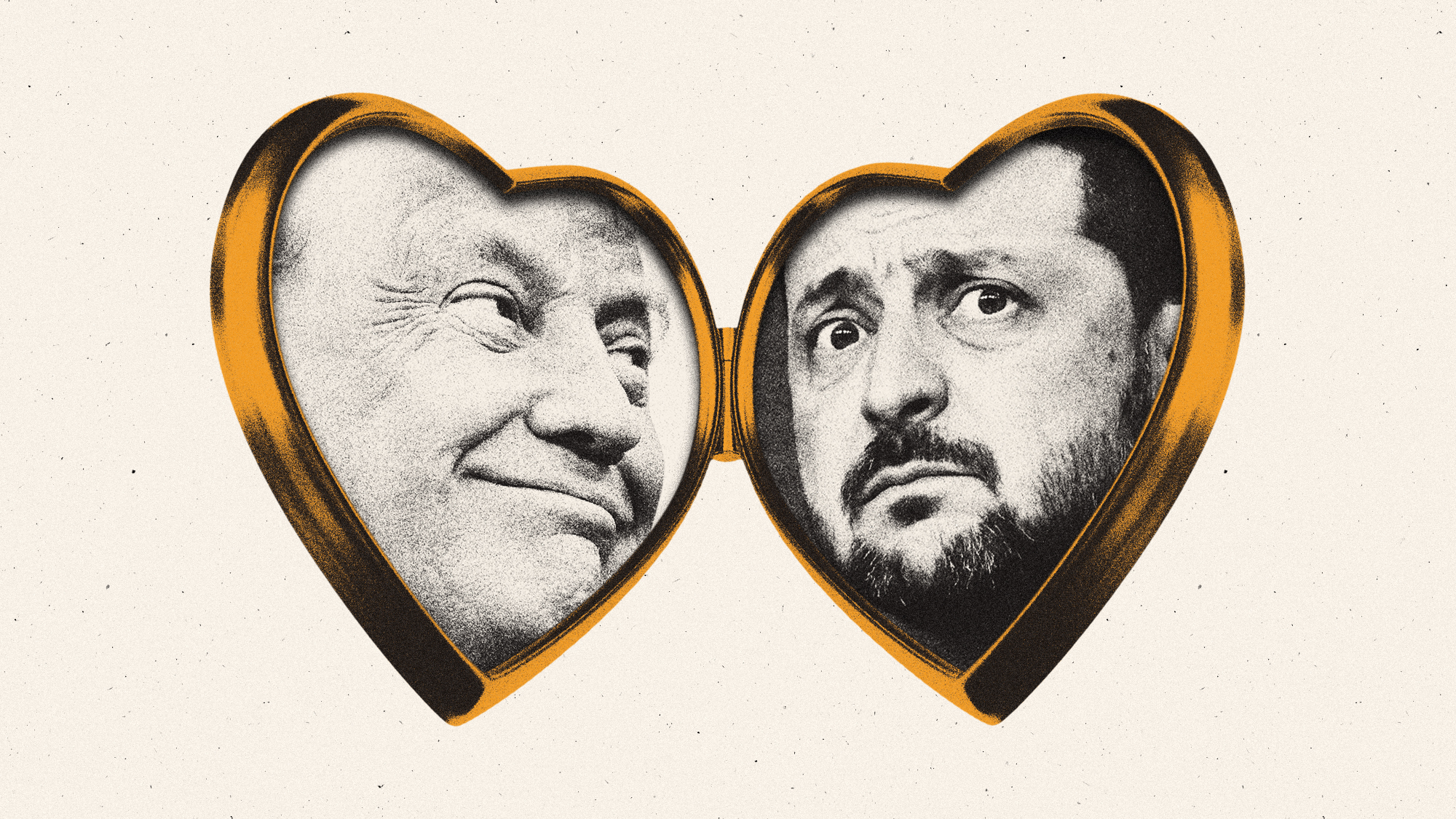 Illustration of a love locket with photographs of Donald Trump and Volodymyr Zelenskyy