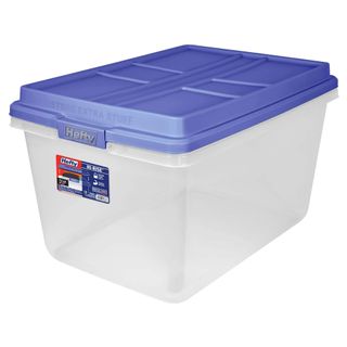 Hefty storage bin with blue lid