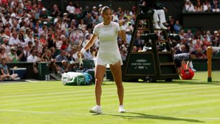 Emma Raducanu of Great Britain celebrates in her first round Wimbledon match