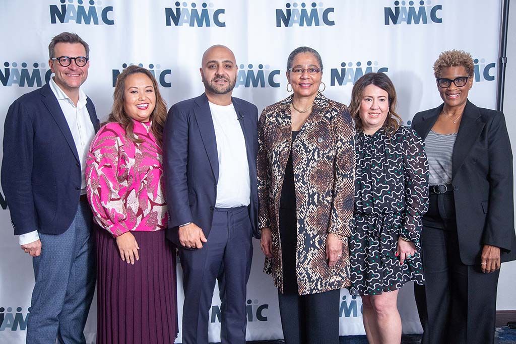 Warner Bros. Discovery&rsquo;s DEI team at the NAMIC Conference (l. to r.): Christian Hug, Grace Moss and Asif Sadiq, honorary NAMIC conference chair; Shuanise Washington, president and CEO, NAMIC; and WBD&rsquo;s Yvette Urbina and Lisa Collins.