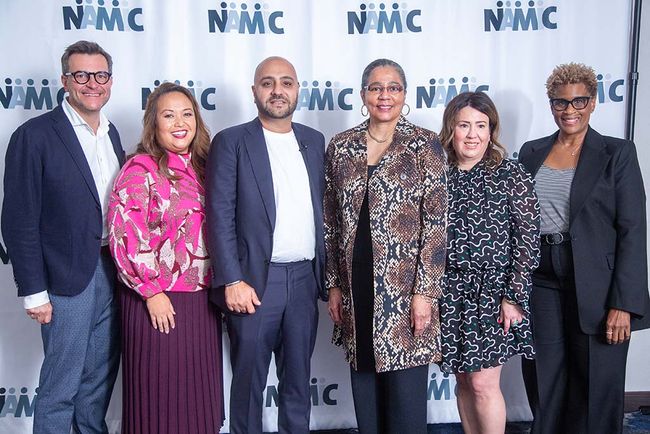 Warner Bros. Discovery&rsquo;s DEI team at the NAMIC Conference (l. to r.): Christian Hug, Grace Moss and Asif Sadiq, honorary NAMIC conference chair; Shuanise Washington, president and CEO, NAMIC; and WBD&rsquo;s Yvette Urbina and Lisa Collins.