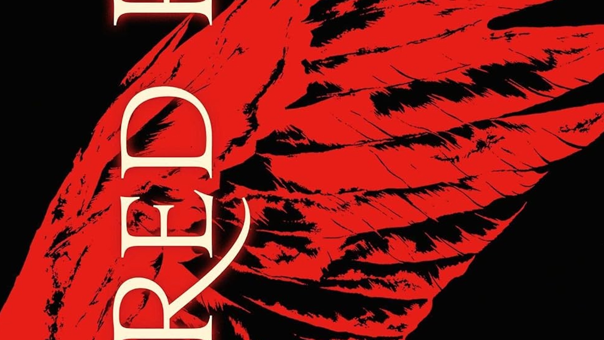 Cropped portion of the Red Rising book cover, including the word Red turned on its side, and part of the red feather. 