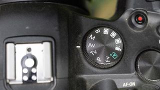 A close-up of the mode dial on a Canon EOS R6 showing the mode is set to Av