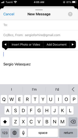 How to quickly add Documents to your email: Tap and Hold the message to bring up the edit menu, tap the right arrow for more options, tap Add Document. Search for the document you want to send
