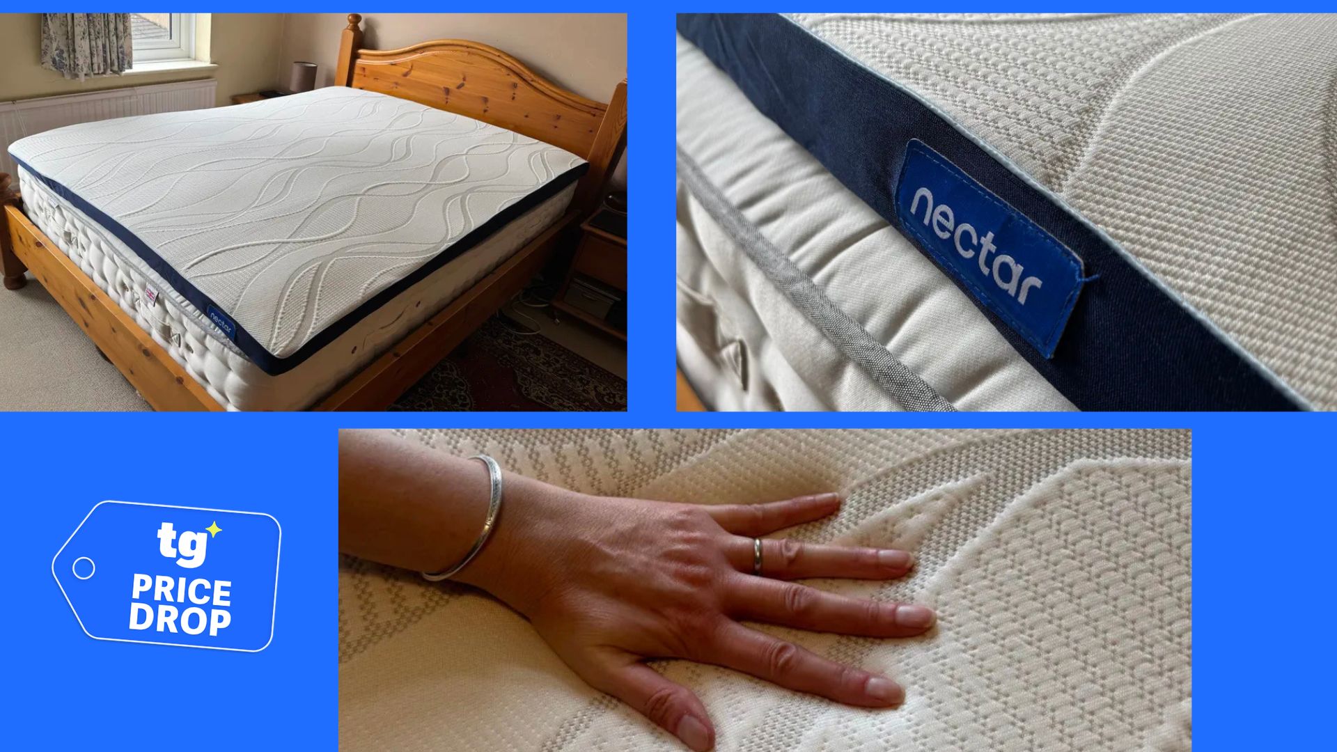 3 images of the Nectar Mattress Topper. In the bottom left foreground, there is a price drop deal. 