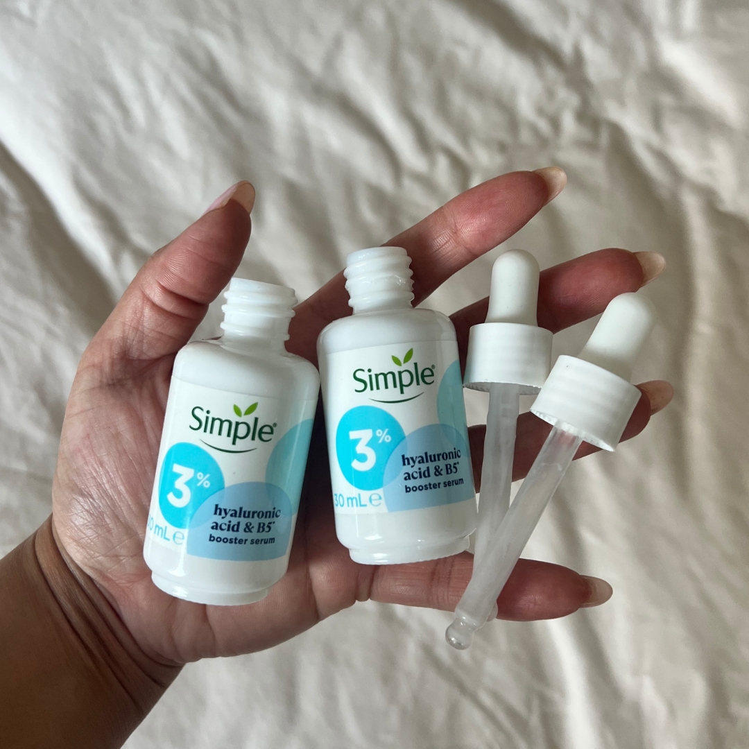 Two bottles of Simple's Hyaluronic Acid Booster Serum