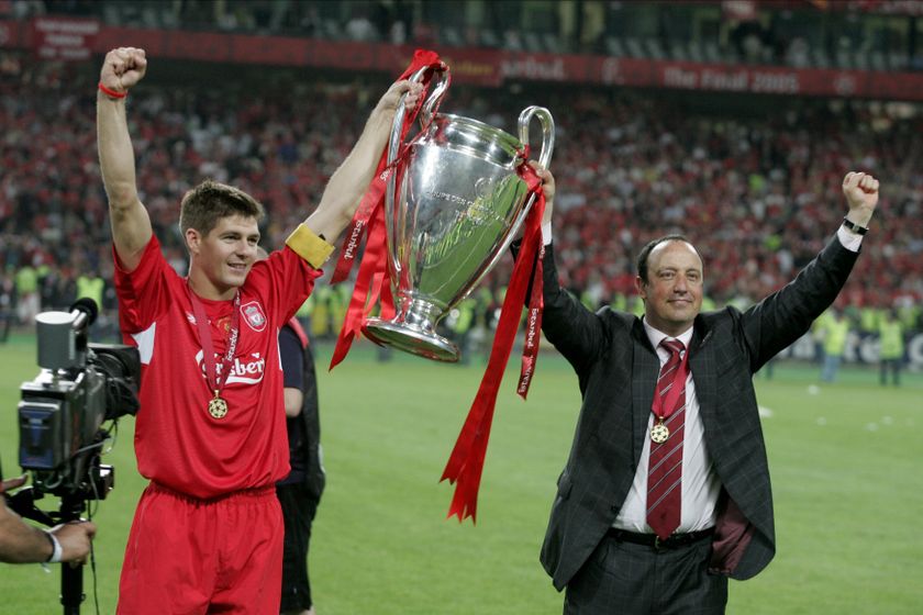 Steven Gerrard and Rafa Benitez hold the Champions League trophy after Liverpool&#039;s comeback against AC Milan to win the 2005 final in Istanbul.