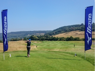 Dan tees off on the 1st at Celtic Manor in the Mizuno Golf Pairs Tour event under glorious blue skies