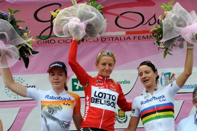 The stage podium: Anna van der Breggen, Emma Pooley and Marianne Vos