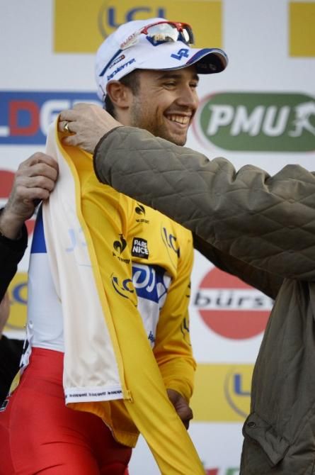 Nacer Bouhanni (FDJ) pulls on the yellow jersey in Paris-Nice
