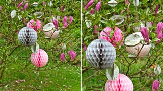 Outdoor trees decorated with Easter decorations to showcase a creative Easter tree idea