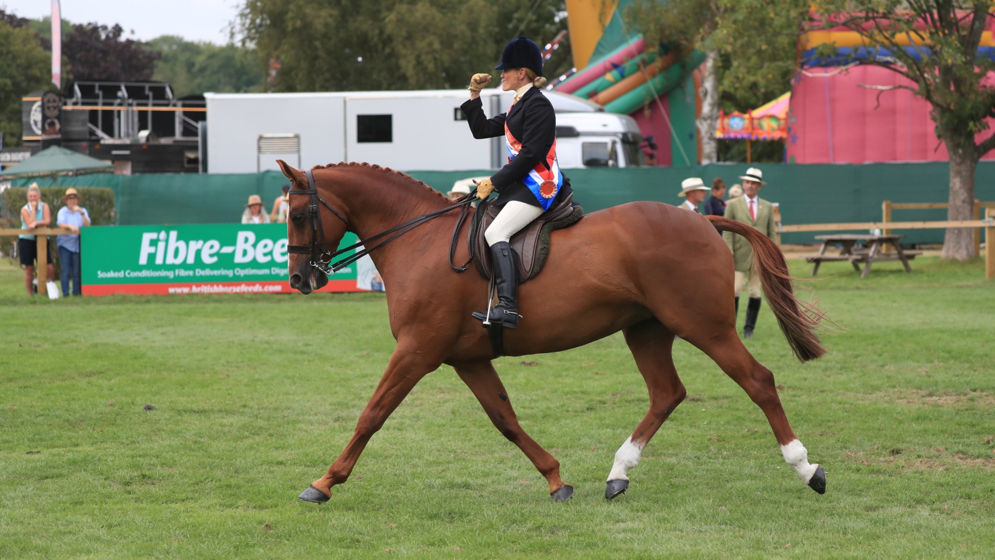 Chestnut lightweight hunter Scarlet Ribbons trots across the arena with Francoise Babington punching the air on board at the 2026 RIHS