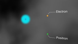 Very rarely one of these gamma rays, traveling at near light-speed, will graze an atom, passing through its electron shell, and transform into a pair of particles — a normal matter electron and an antimatter electron, called a positron.