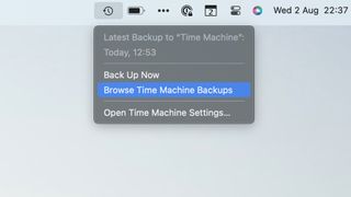 Time Machine preferences in the macOS menu bar