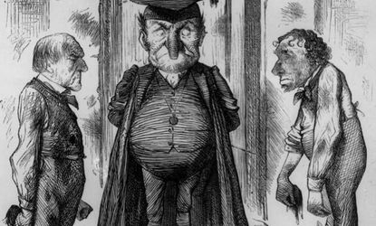 An editorial cartoon from 1878 portrays Benjamin Disraeli as a headmaster reprimanding the head boys for mud-slinging.