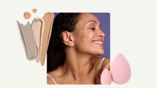 a woman's smiling face with brown hair and glowing skin, with dots of foundation on her cheek, beside three smudges of foundation in different colours with a pink beauty blender sponge