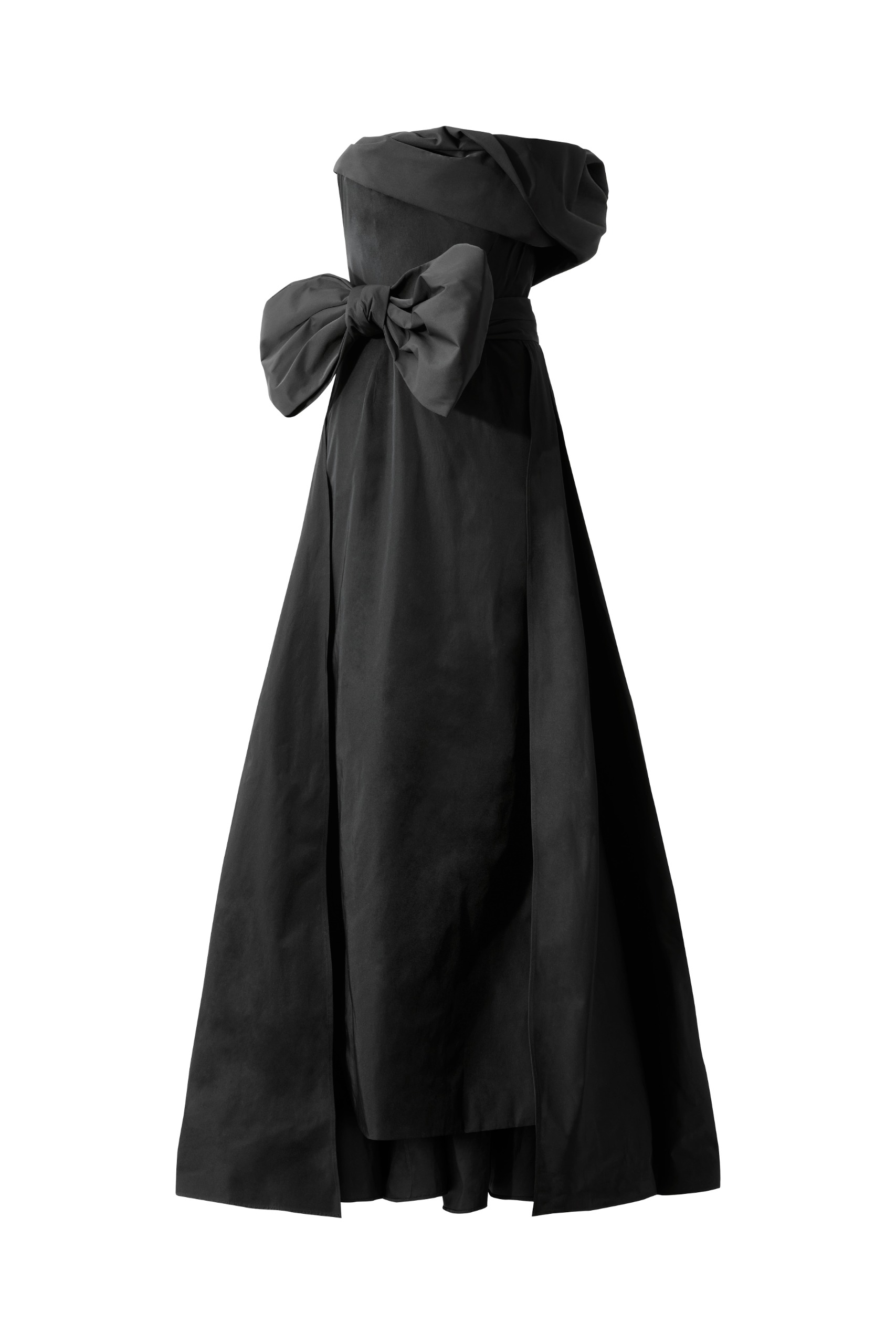 black gown with bow embellishment.