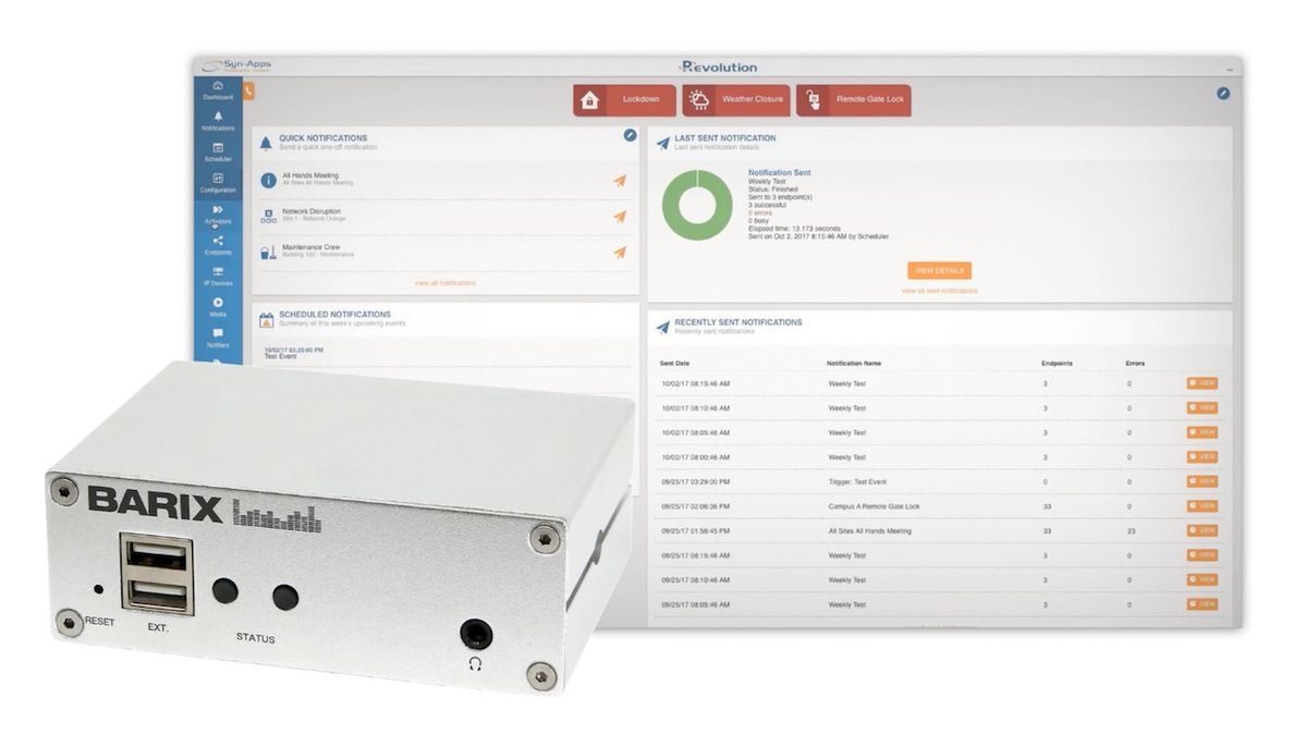 Barix and Syn-Apps LLC, a provider of emergency mass notification solutions, have announced that Barix’s latest hardware devices have been certified as endpoints for Syn-Apps’ Revolution mass notification platform. 