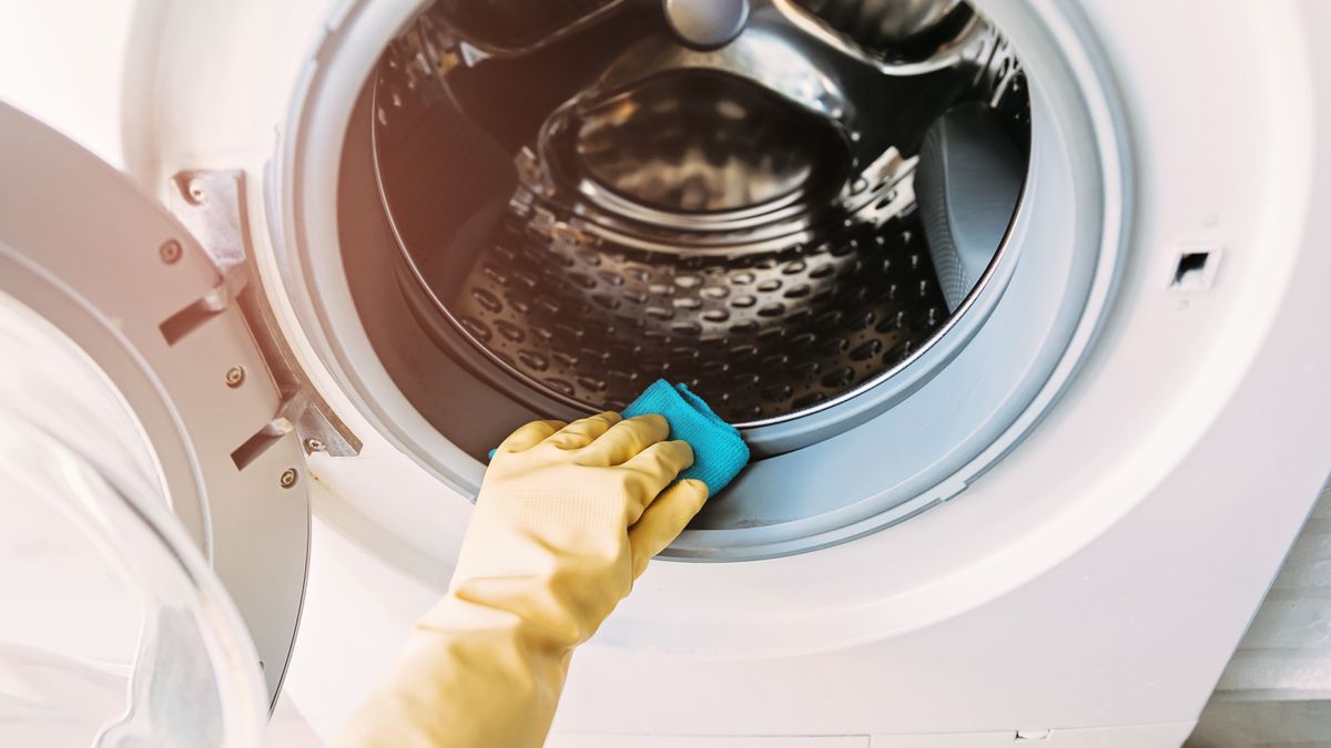 a hand wearing a rubber glove cleaning the inner rim of a washer dryer drum - How to clean a washer dryer