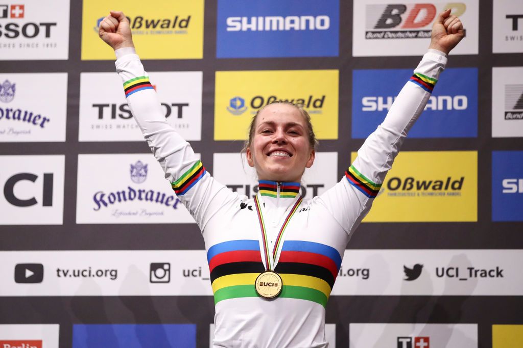 BERLIN GERMANY MARCH 01 Emma Hinze of Germany celebrates on the podium after winning Womens Keirin Final during day 5 of the UCI Track Cycling World Championships Berlin at Velodrom on March 01 2020 in Berlin Germany Photo by Maja HitijGetty Images