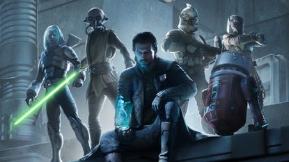 Six characters pose heroically in art for Star Wars: Zero Company