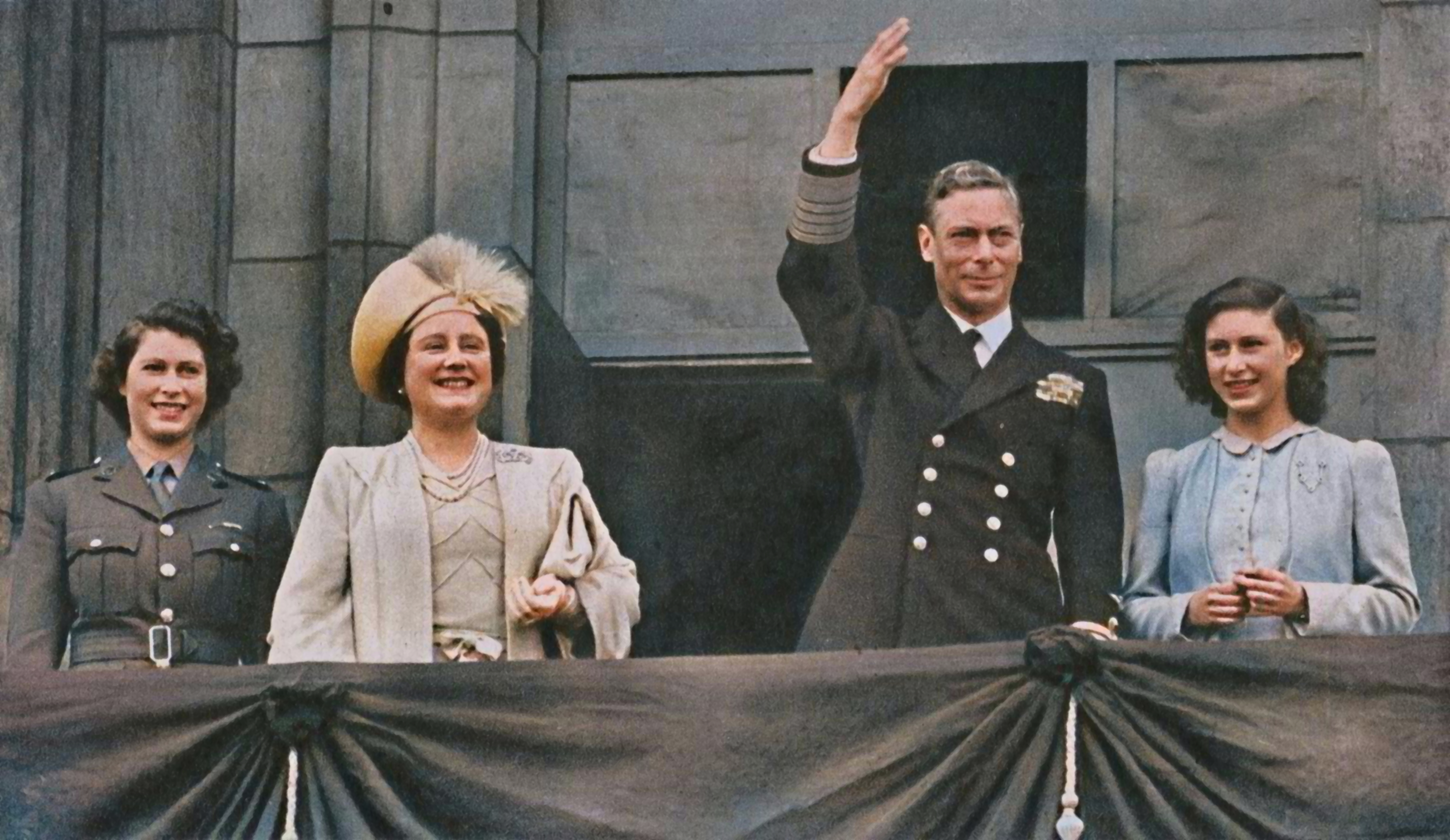 Queen Elizabeth, the Queen Mother, King George VI and Princess Margaret on the balcony on VE Day