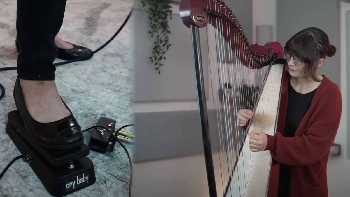 Emily Hopkins plays the harp (right) and uses a CryBaby wah pedal