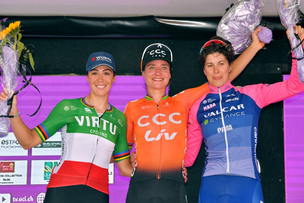 Marta Bastianelli, Marianne Vos and Ilaria Sanguineti on the podium