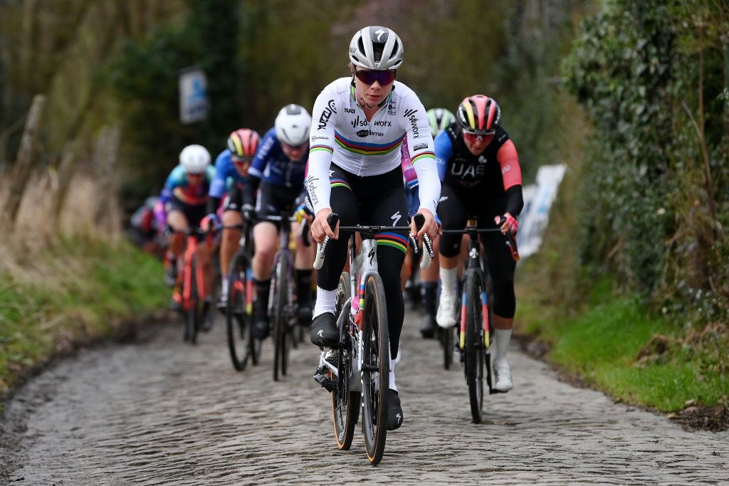 NINOVE BELGIUM FEBRUARY 24 Lotte Kopecky of Belgium and Team SD WorxProtime competes passing through a cobblestones sector during the 16th Omloop Het Nieuwsblad 2024 Womens Elite a 1271km one day race from Ghent to Ninove UCIWWT on February 24 2024 in Ninove Belgium Photo by Alex BroadwayGetty Images