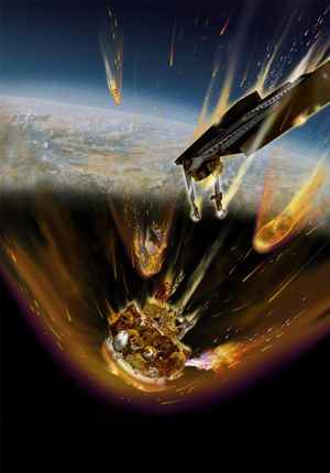 This artist&#039;s concept shows fuel from Russia&#039;s failed Mars probe Phobos-Grunt burning from a ruptured fuel tank as the spacecraft re-enters the atmosphere. CREDIT: Michael Carroll