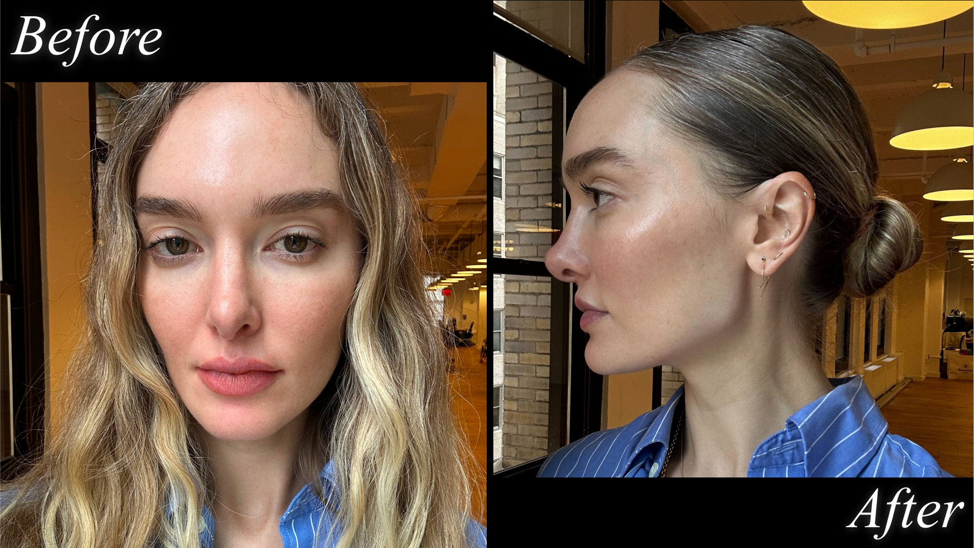 Beauty director Hannah Baxter before and after testing Crown Affair&#039;s hair gel.
