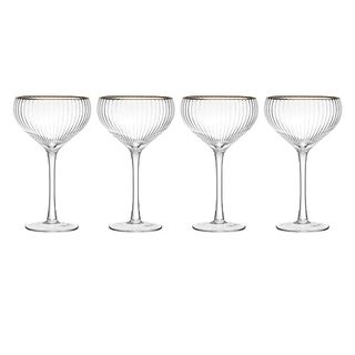 Mikasa Sorrento Ridged Crystal Coupe Glasses With Gold Rim and Wide Shape, 380ml, Set of 4 Lead-Free, Clear Fine Glasses, Sleek Design for Celebrations