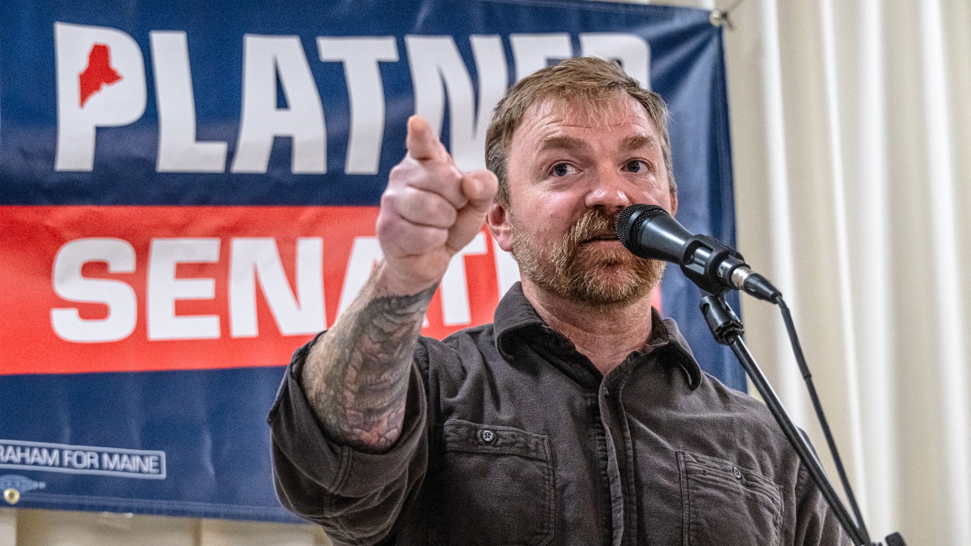Democratic U.S. Senate candidate Graham Platner speaks to voters at a town hall at the Elks Lodge 188 on June 7, 2026 in Portland, Maine